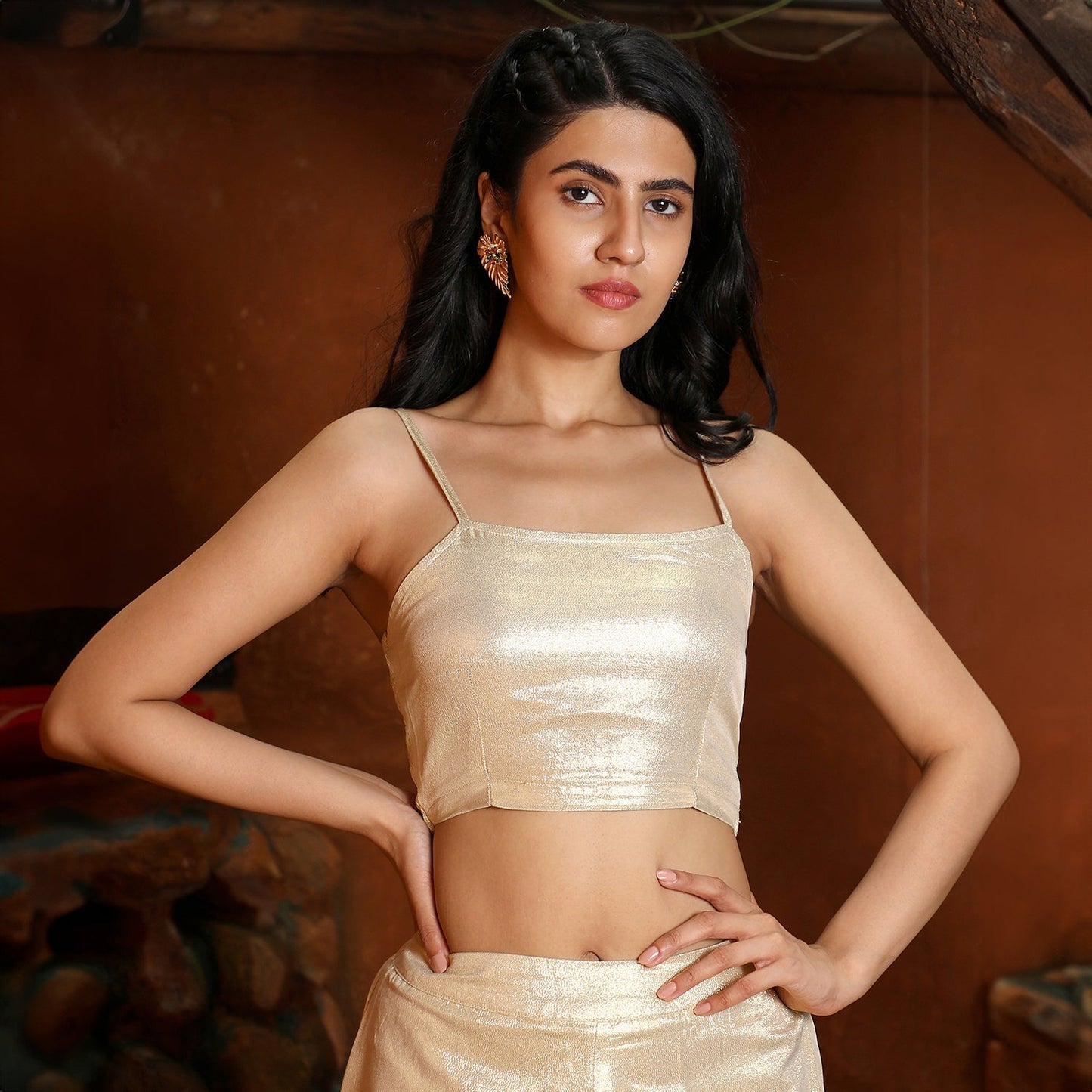 Floral Motif Kurta With Crop Top And Trousers