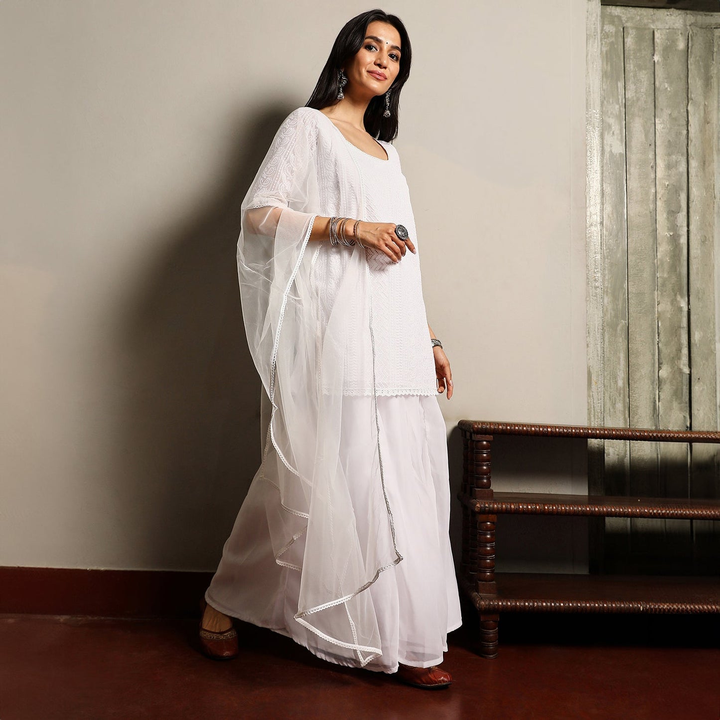 Solid Schiffli Kurti With Palazzo & Dupatta