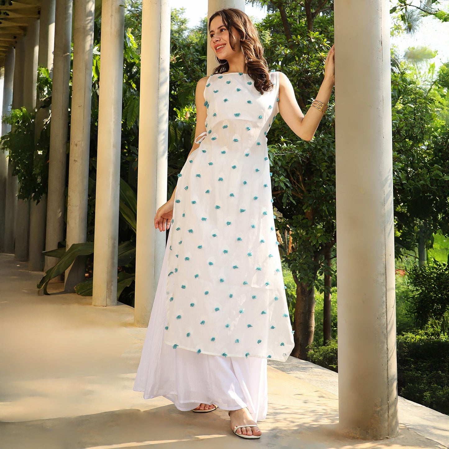Bloom Motif Kurta With Crop Top And Palazzo