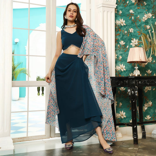 Pleated-Block Imprint Pre-Draped Saree