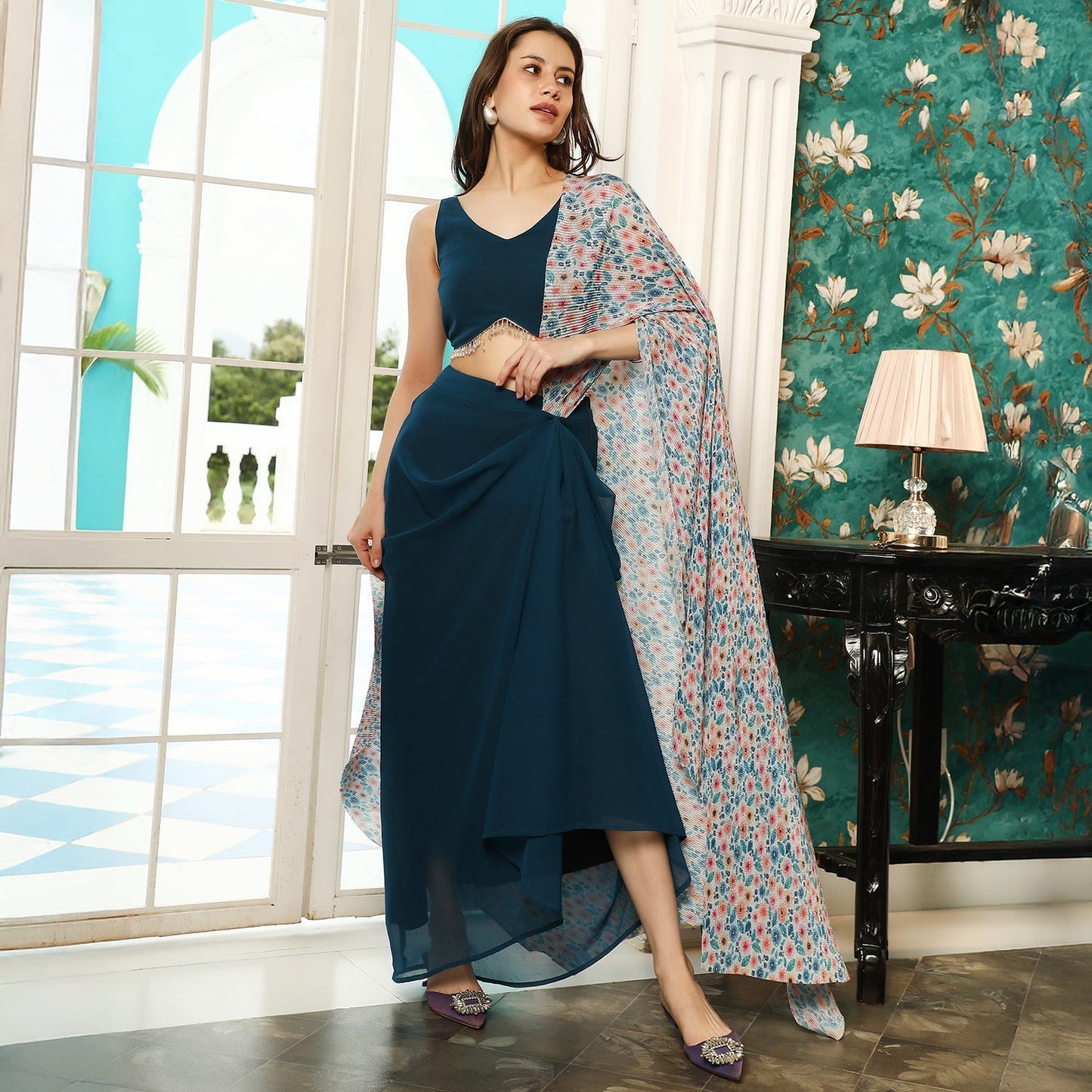 Pleated-Block Imprint Pre-Draped Saree
