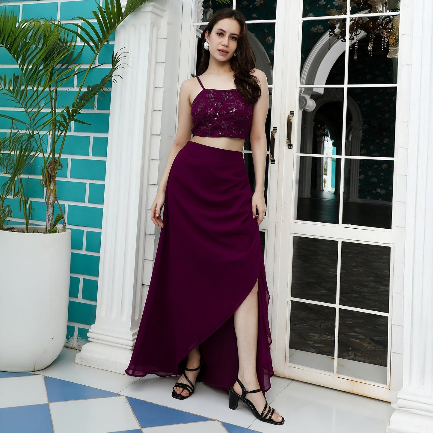 Floral-Embroidery Draped Co-Ord Set