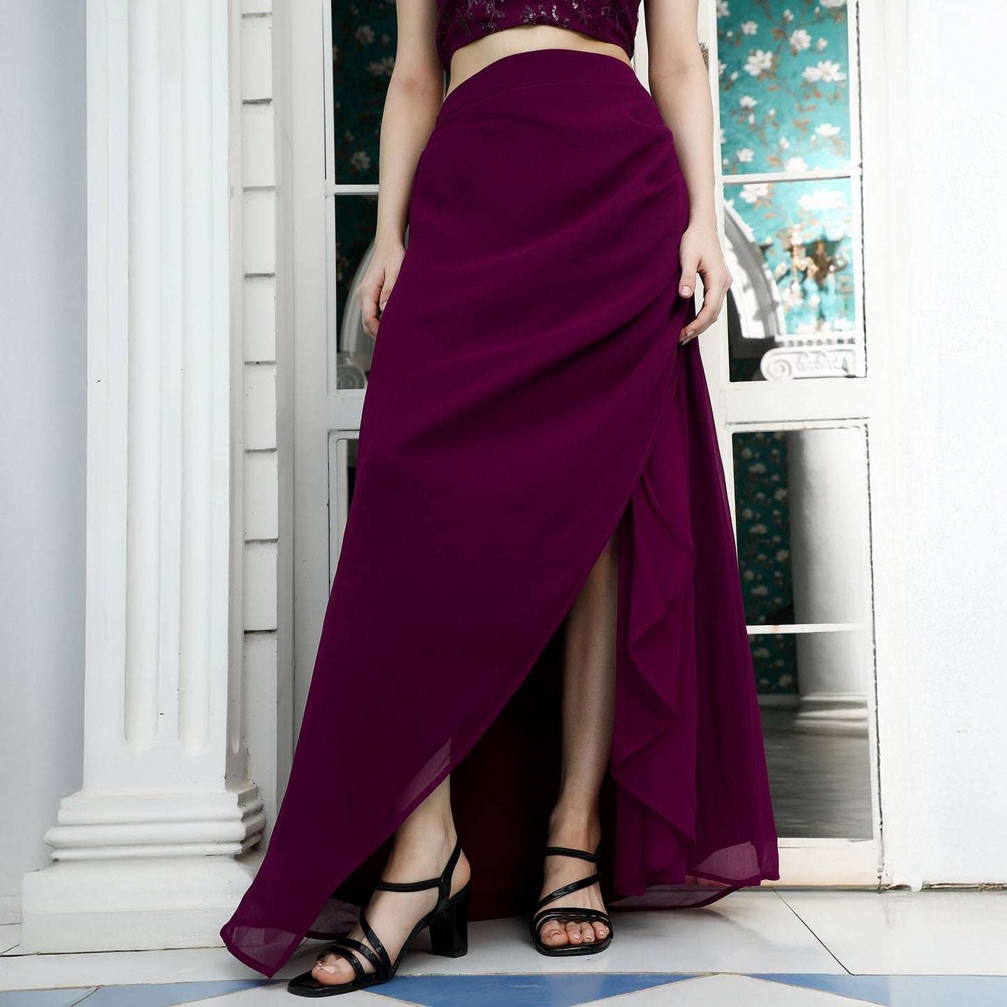 Floral-Embroidery Draped Co-Ord Set