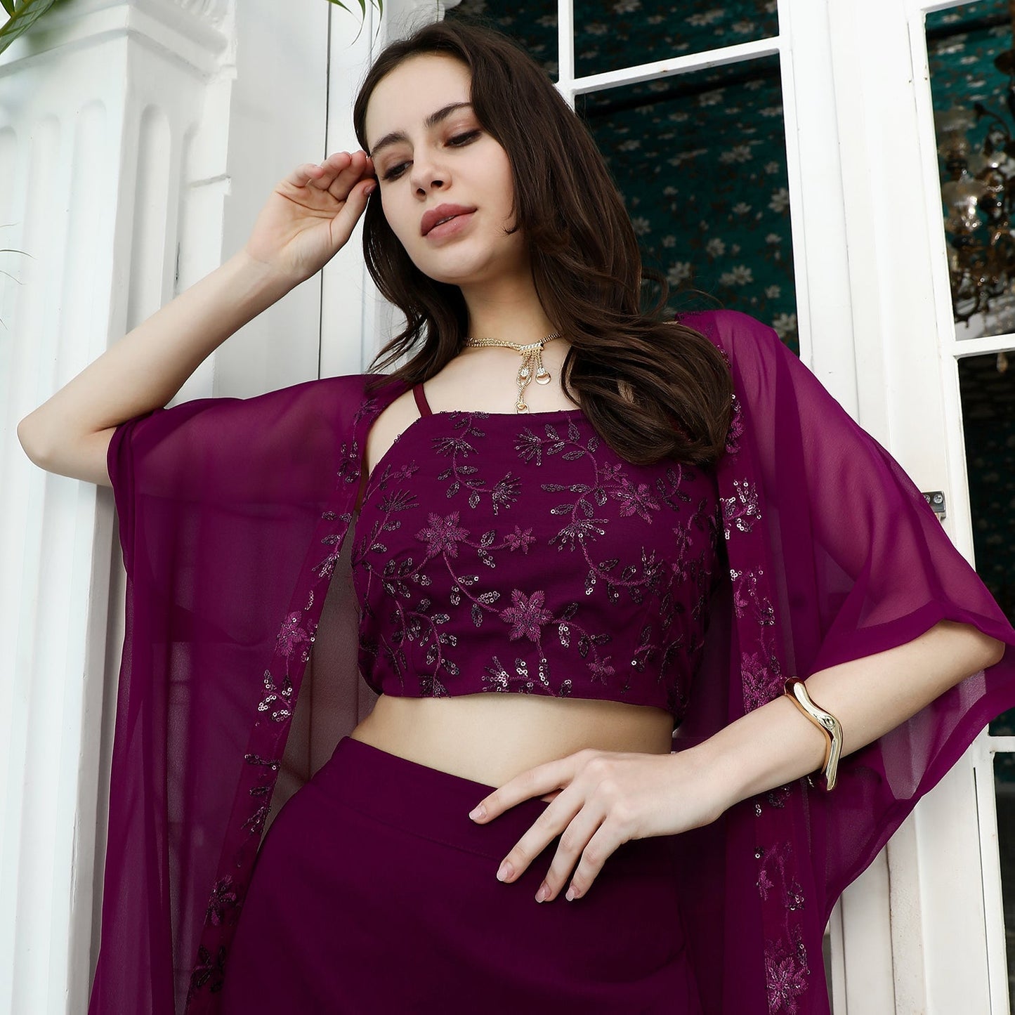 Floral-Embroidery Draped Co-Ord Set