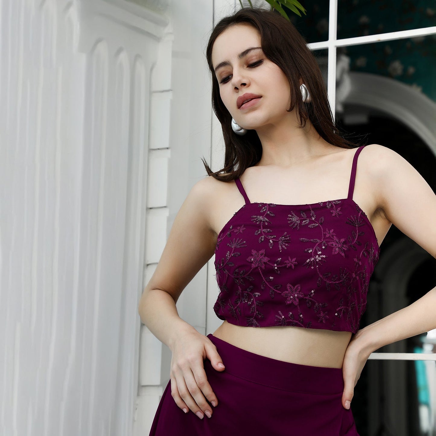 Floral-Embroidery Draped Co-Ord Set