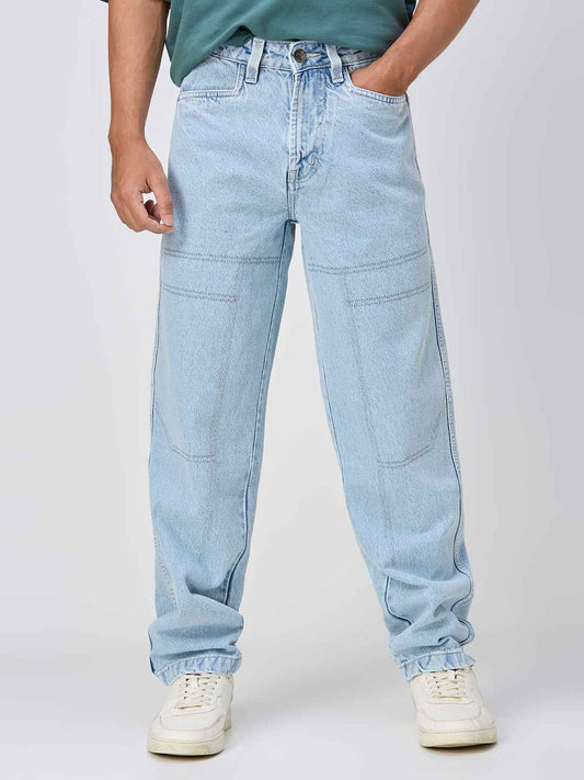 Men's Ice Blue Contrast Stitch Baggy Fit Jeans B5IVE