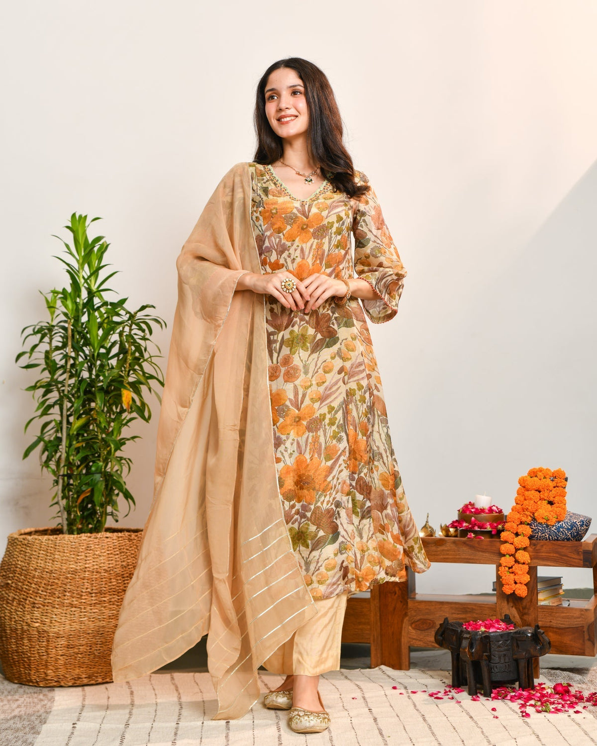 Beige Floral Tissue Suit Set