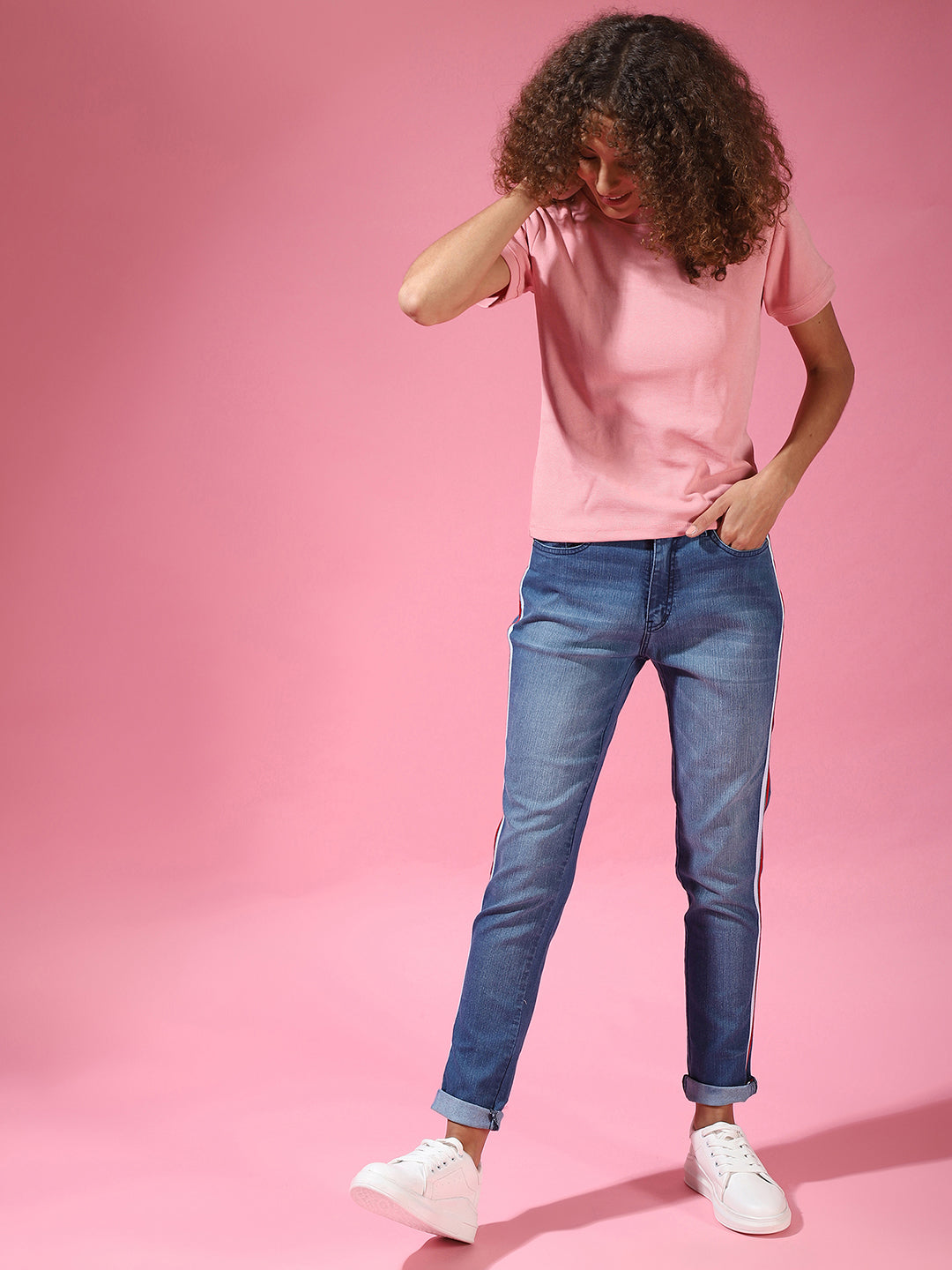 Contrast Pencil Side-Striped Denim Jeans