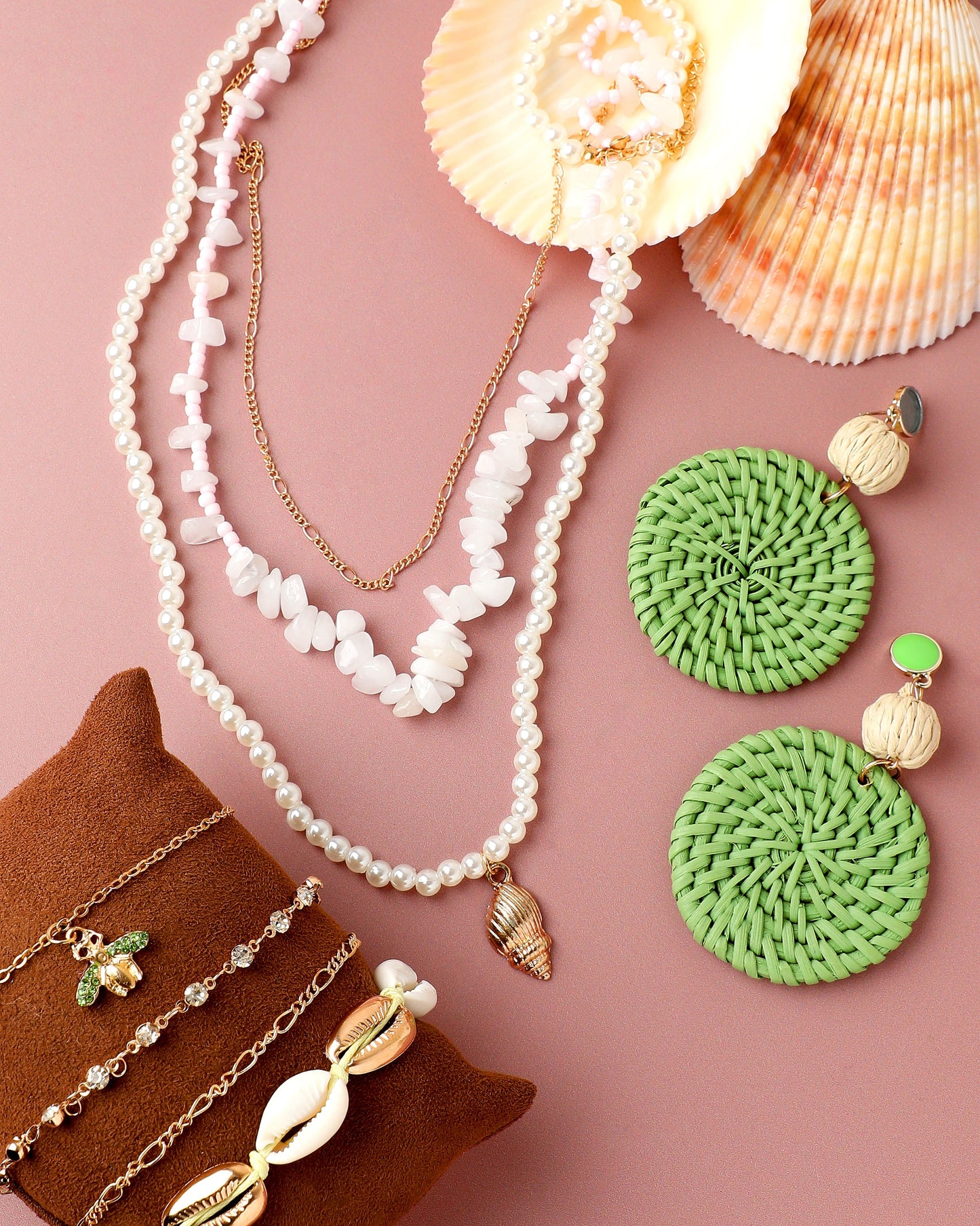 BEADED NECKLACE WTH DROP EARRINGS & BRACELET