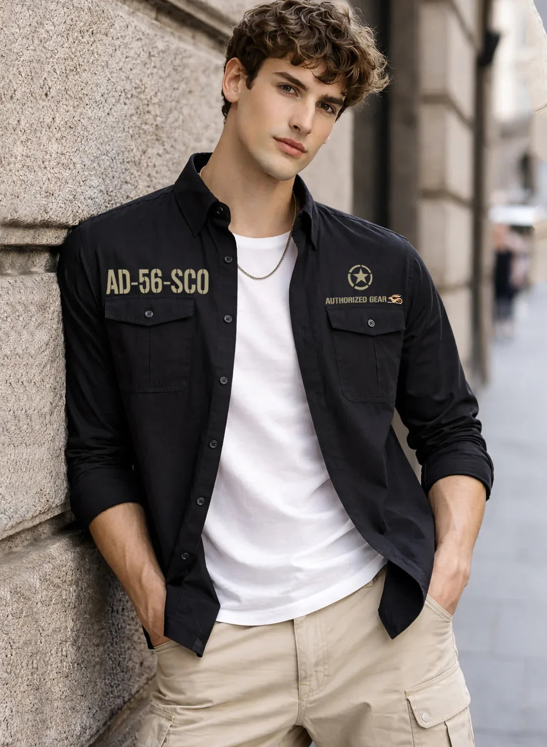 ADRO Mens Cargo Shirts in Regular Fit | Smart Dual Chest Pockets | Military Jacket Style | Black Shacket Style Cotton Printed Shirt