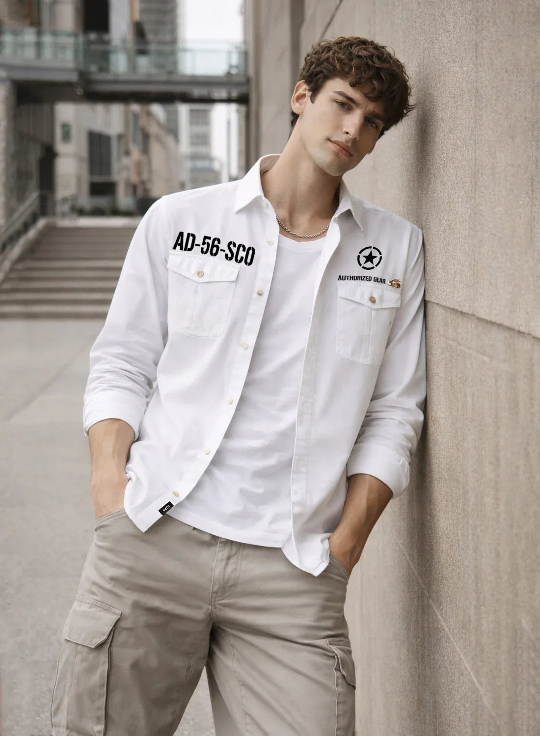 ADRO Mens Cargo Shirts in Regular Fit | Smart Dual Chest Pockets | Military Jacket Style | White Shacket Style Cotton Printed Shirt