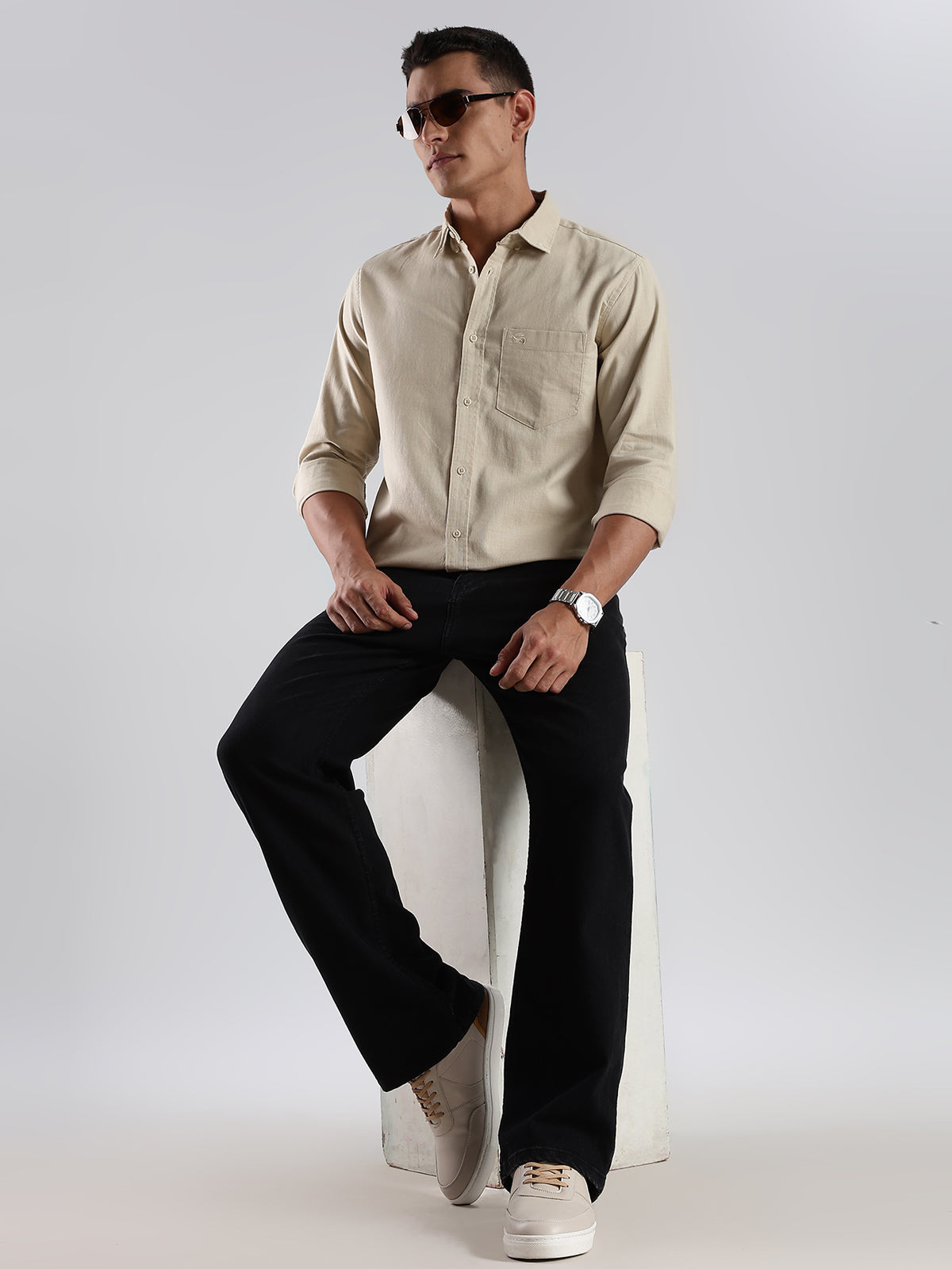 Solid Cotton Linen Beige Shirt