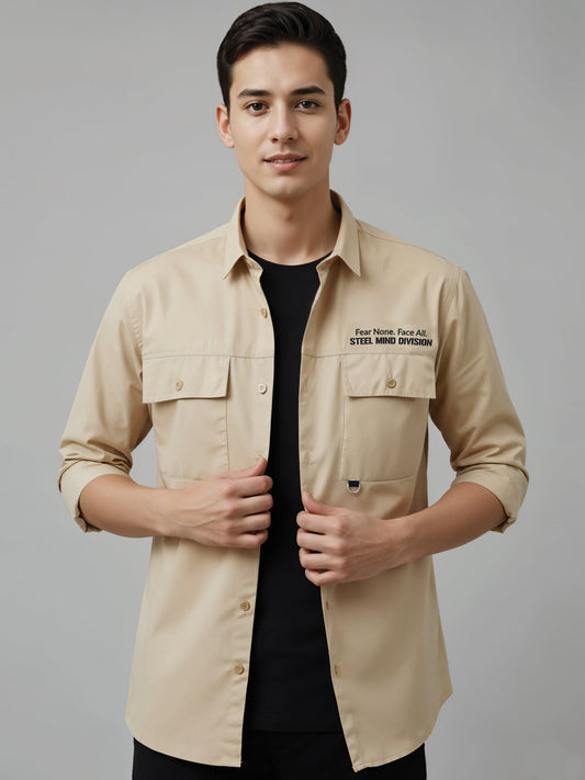 Adro Mens Cotton Twill Cargo Shirt Beige
