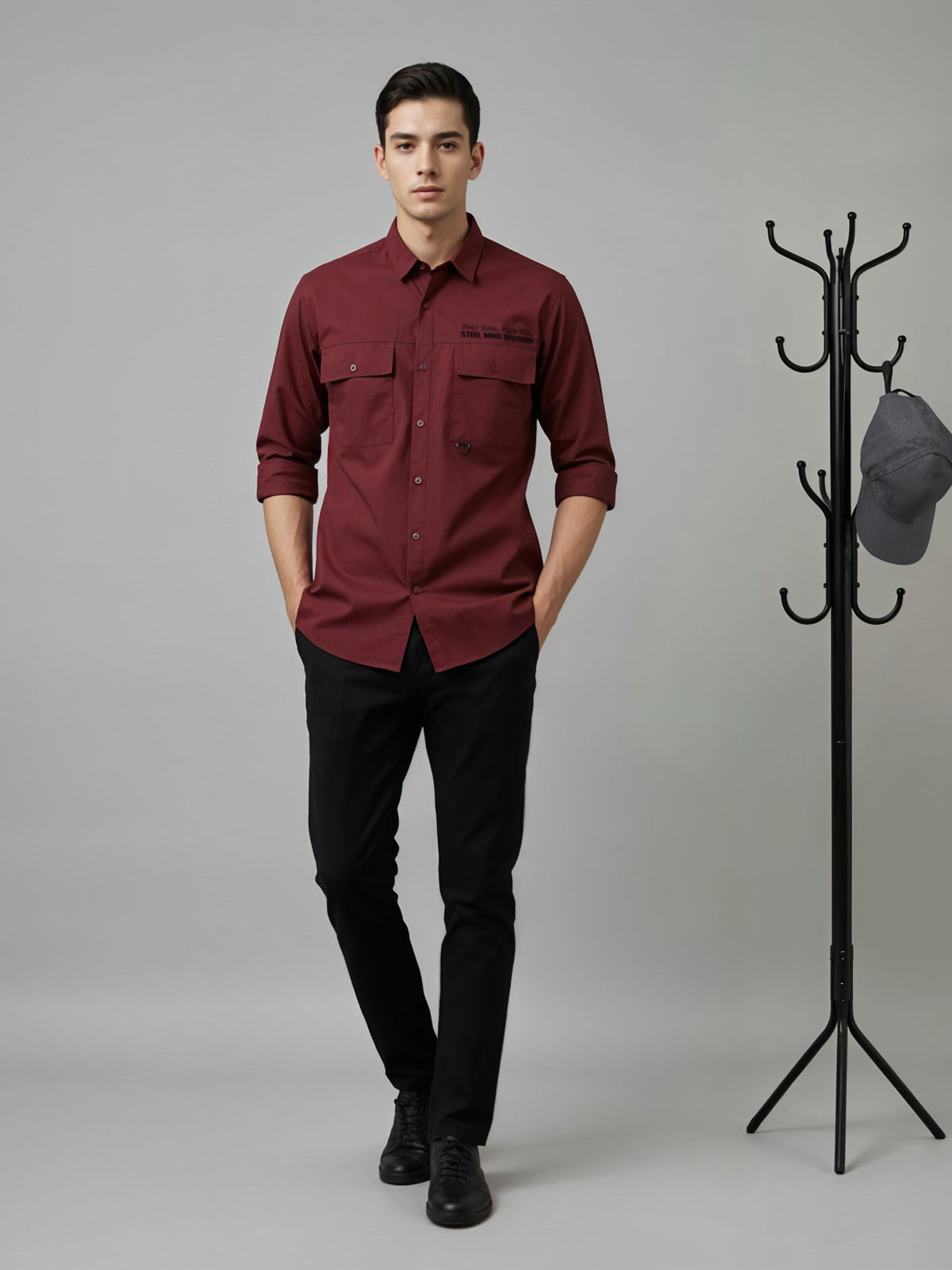 Adro Mens Cotton Twill Cargo Shirt Maroon