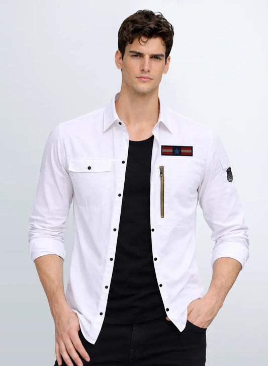 ADRO Men’s Solid White Cargo Shirt| Premium Cotton Casual Shirts for Men | Zipper Pocket & Military Style Velcro Badge | Limited Stock