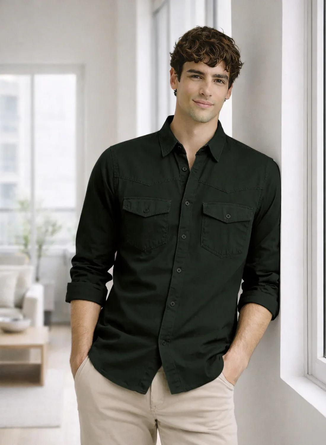 ADRO Mens Green Cotton Casual Shirts – Regular Fit, Dual Flap Pocket, Soft Washed Fabric, Full Sleeve Solid Shirt for Men