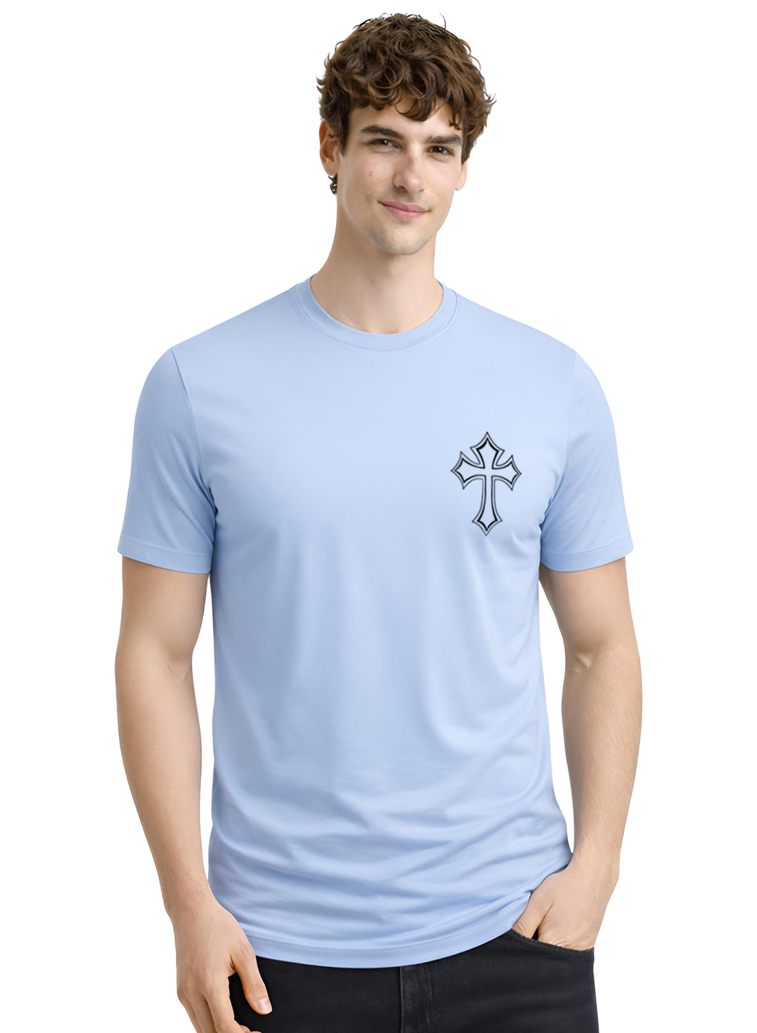 Adro Mens Cross Printed T-Shirt | Minimal Chest Graphic Cotton Casual Tshirt | Trendy Stylish Comfortable Regular Fit T shirt for Men Sky Blue