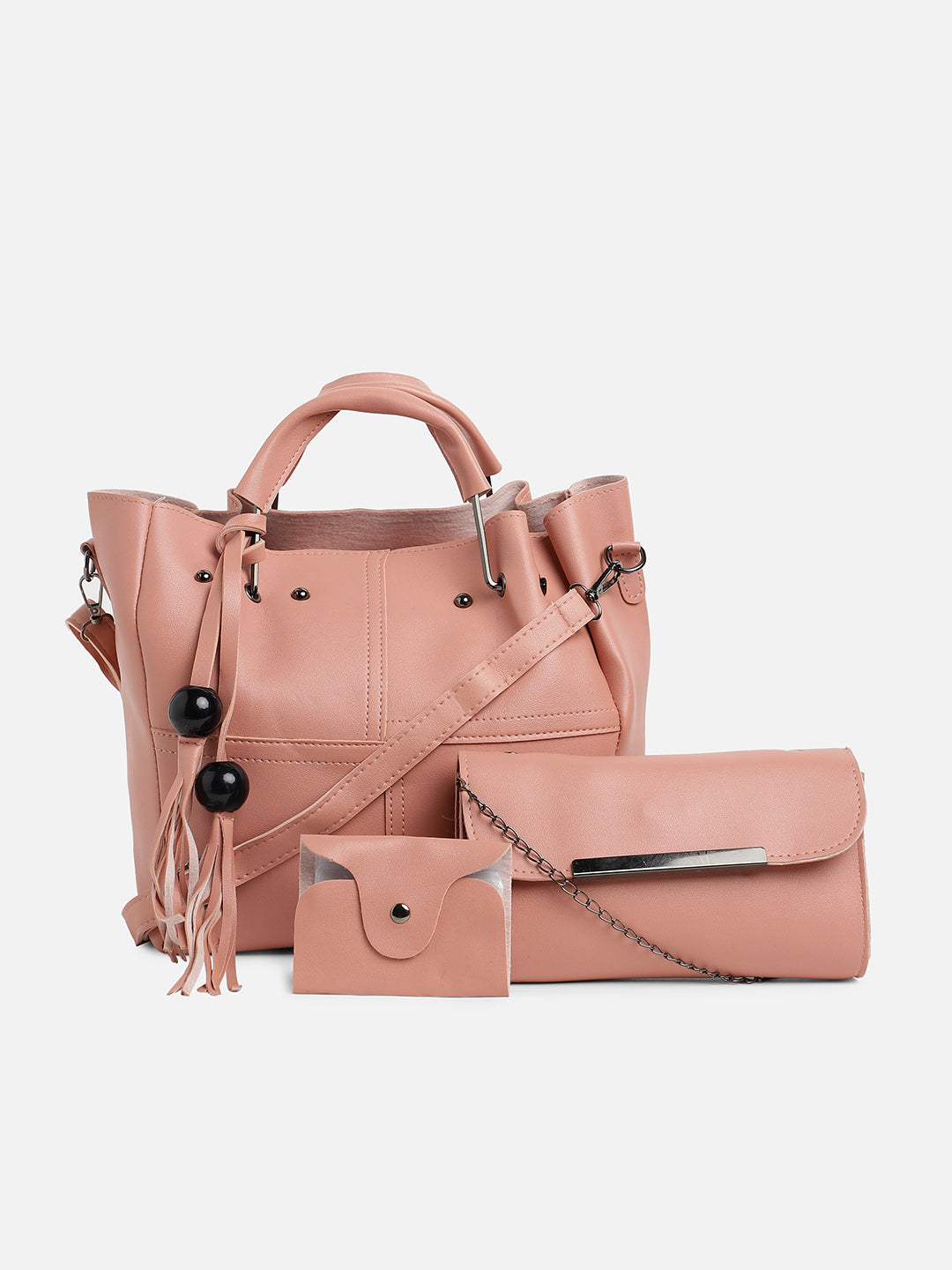 Pink Solid Vegan Leather Tote Bag With Pouch Set