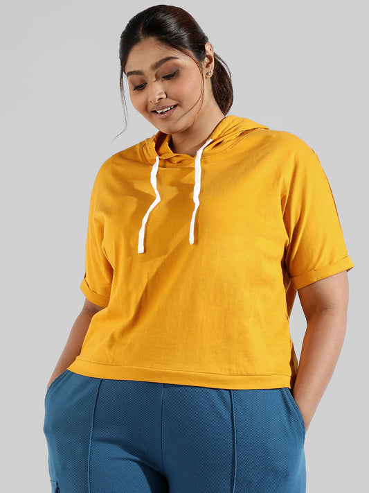 Solid Stylish Half Sleeve Hooded Neck Top