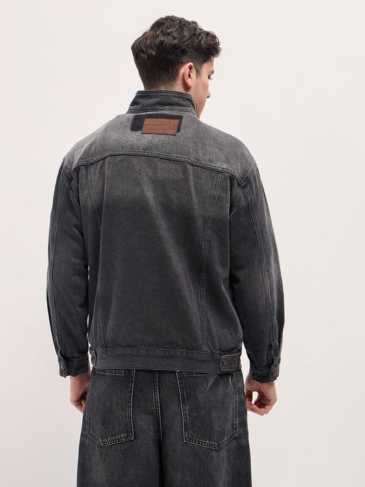 Charcoal Grey Denim Jacket with Mock Collar and Multiple Pockets
