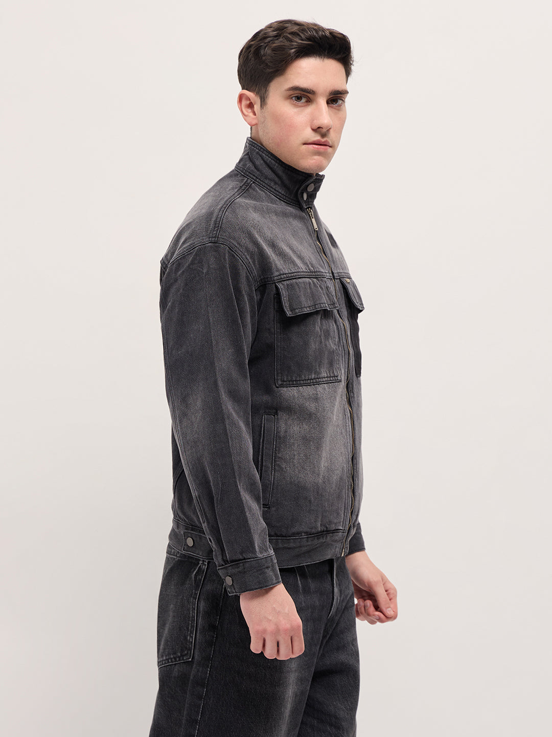 Charcoal Grey Denim Jacket with Mock Collar and Multiple Pockets
