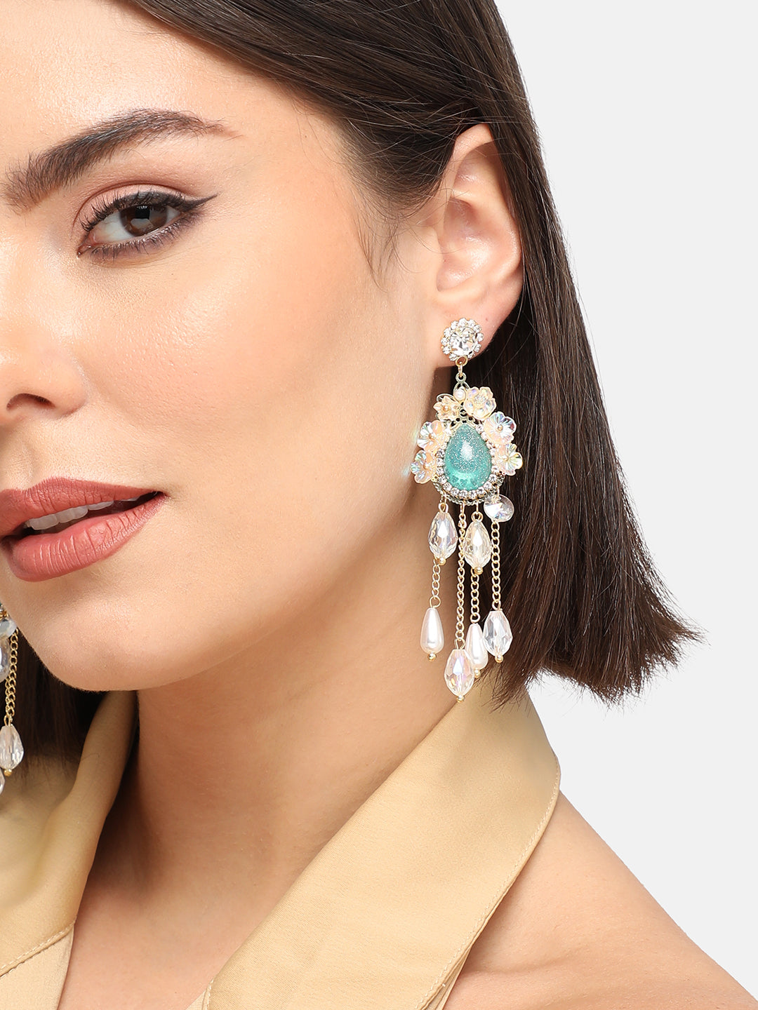 GOLD PLATED PARTY DESIGNER STONE DROP EARRING FOR WOMEN