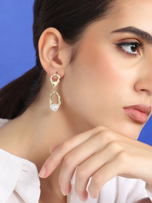 GOLD PLATED PARTY DESIGNER STONE AND PEARLS DROP EARRING FOR WOMEN
