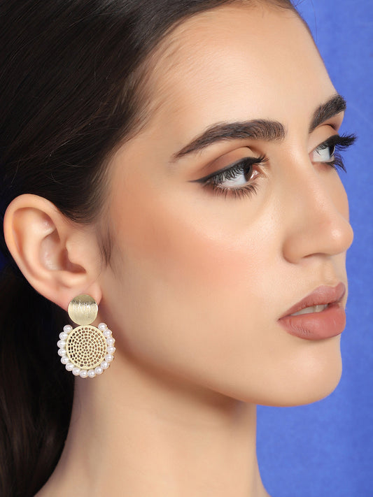 GOLD PLATED PARTY DESIGNER STONE AND PEARLS DROP EARRING FOR WOMEN
