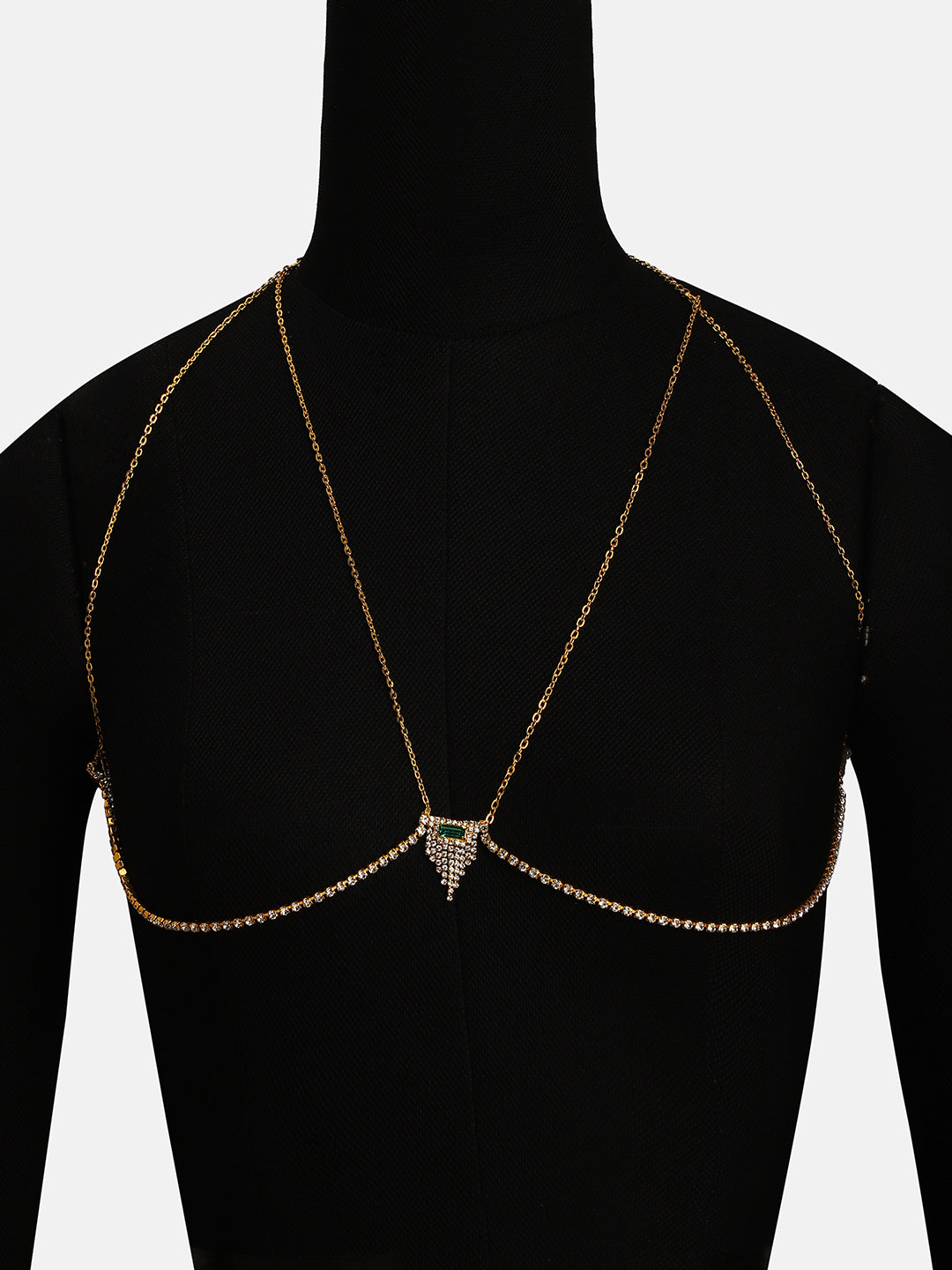 The Pendre Décolletage Body Chain - Emerald Green & Crystal Silver-SOHIBC6219