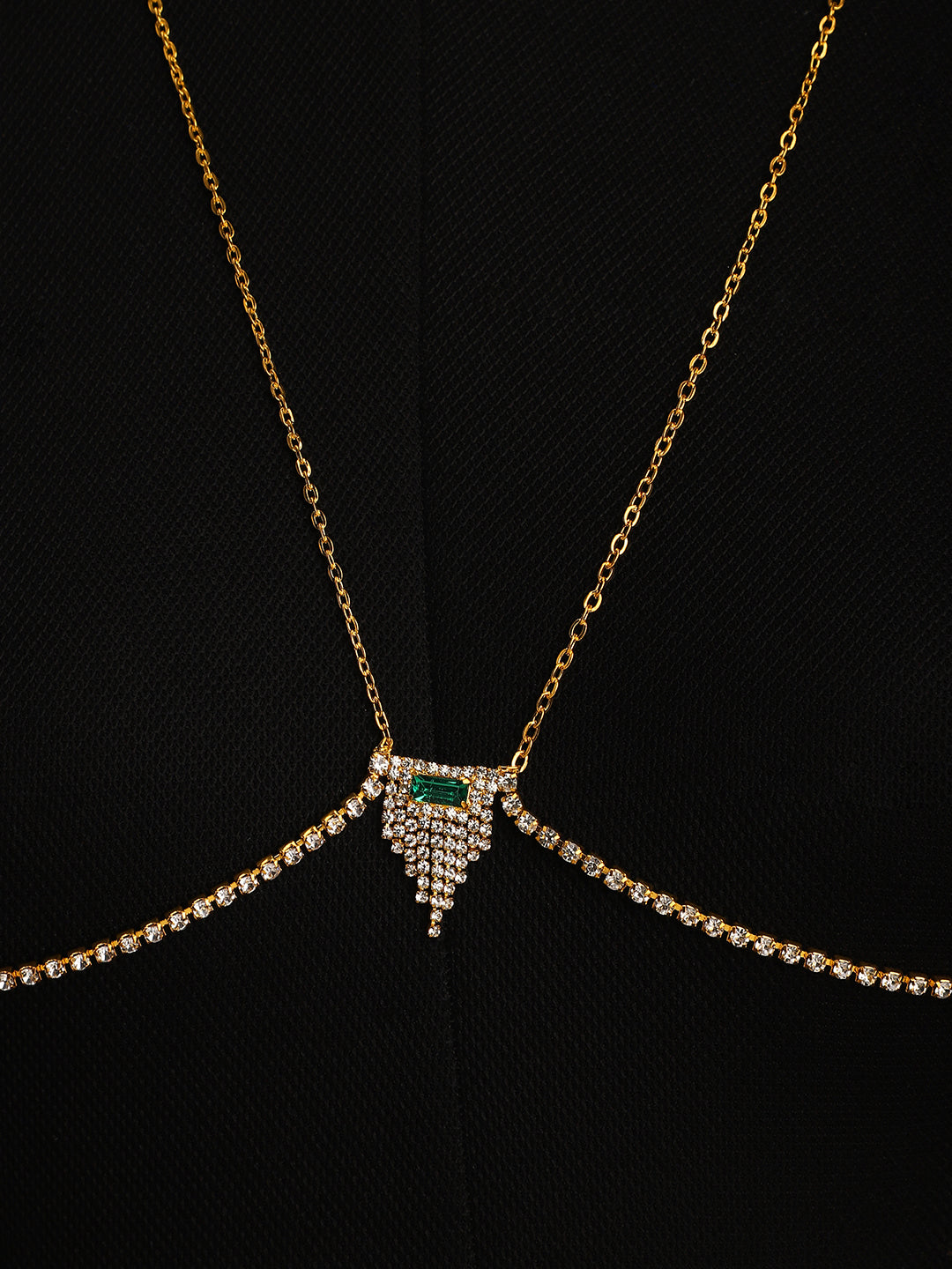 The Pendre Décolletage Body Chain - Emerald Green & Crystal Silver-SOHIBC6219