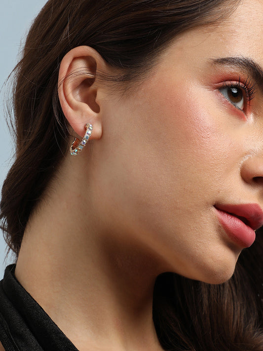Gold-Plated Stone Studded Contemporary Half Hoop Earrings