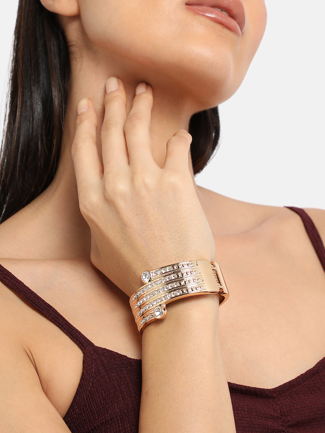 Gold-Plated Stones Studded Lined Cuff Bracelet