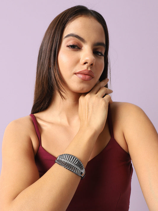 Silver-Plated Stones Studded Leaflet Cuff Bracelet