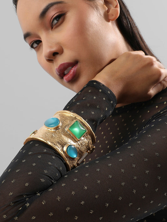 Gold-Plated Stones Studded Aqua Allore Cuff Bracelet