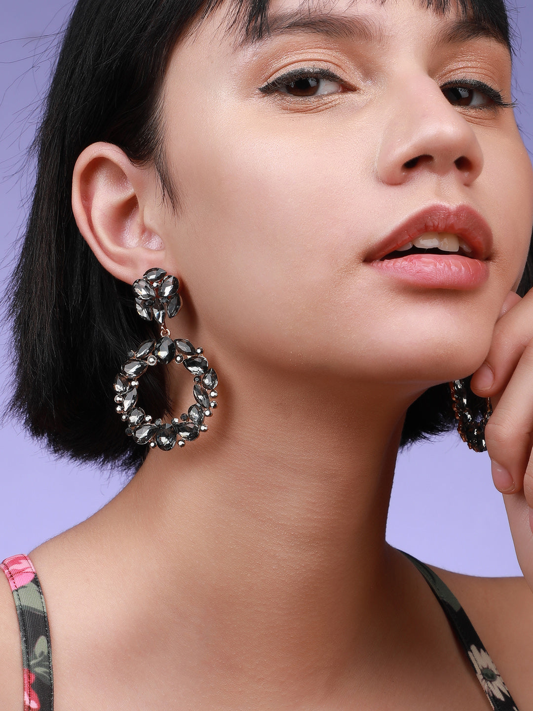 Set Of 2 Gold-Plated Contemporary Stone Studded Drop Earrings