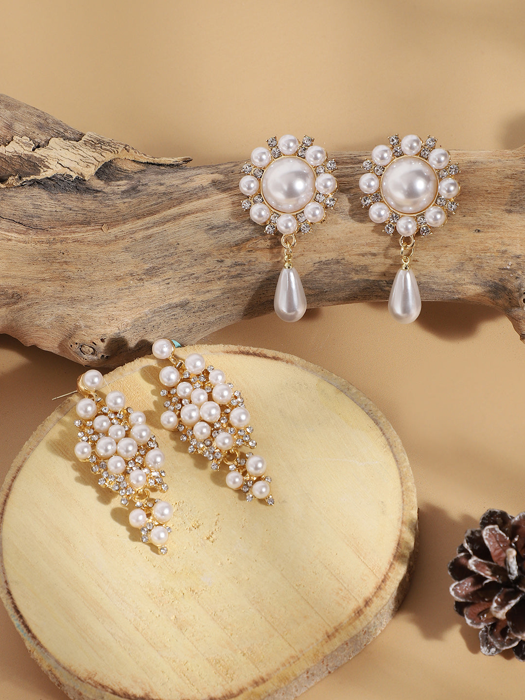 Set Of 2 Gold-Plated Contemporary Beaded Drop Earrings