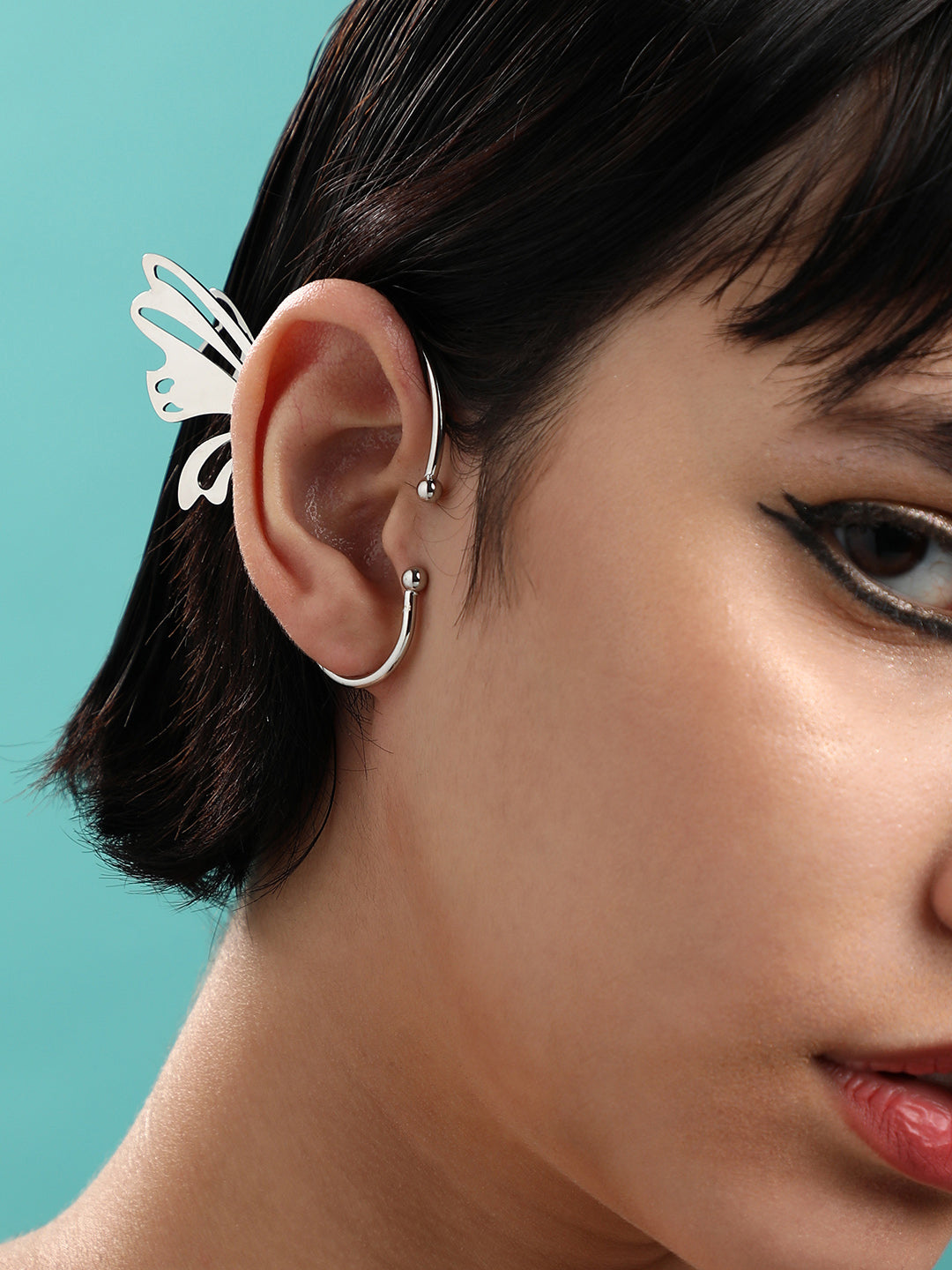 Set Of 2 Silver-Plated Contemporary Half Hoop Earrings