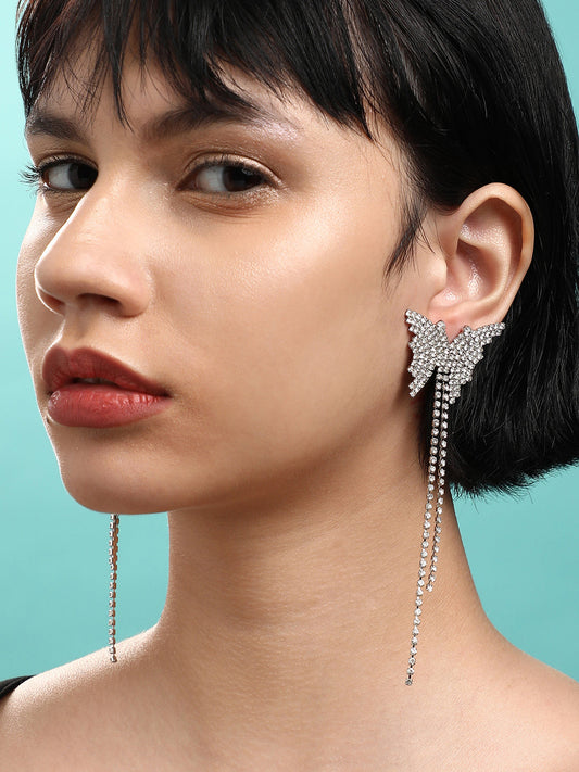 Set Of 2 Silver-Plated Contemporary Stone Studded Drop Earrings