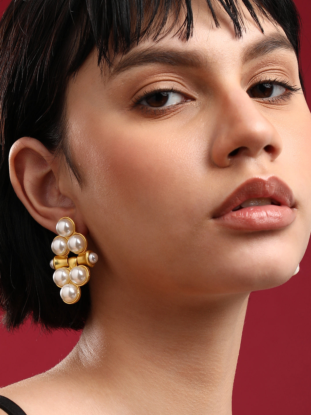 Set Of 2 Gold-Plated Contemporary Stone Studded And Beaded Drop Earrings