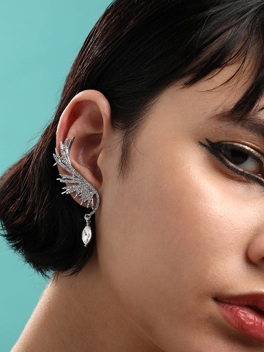 Silver-Plated Contemporary Drop Earrings With Ear Cuff