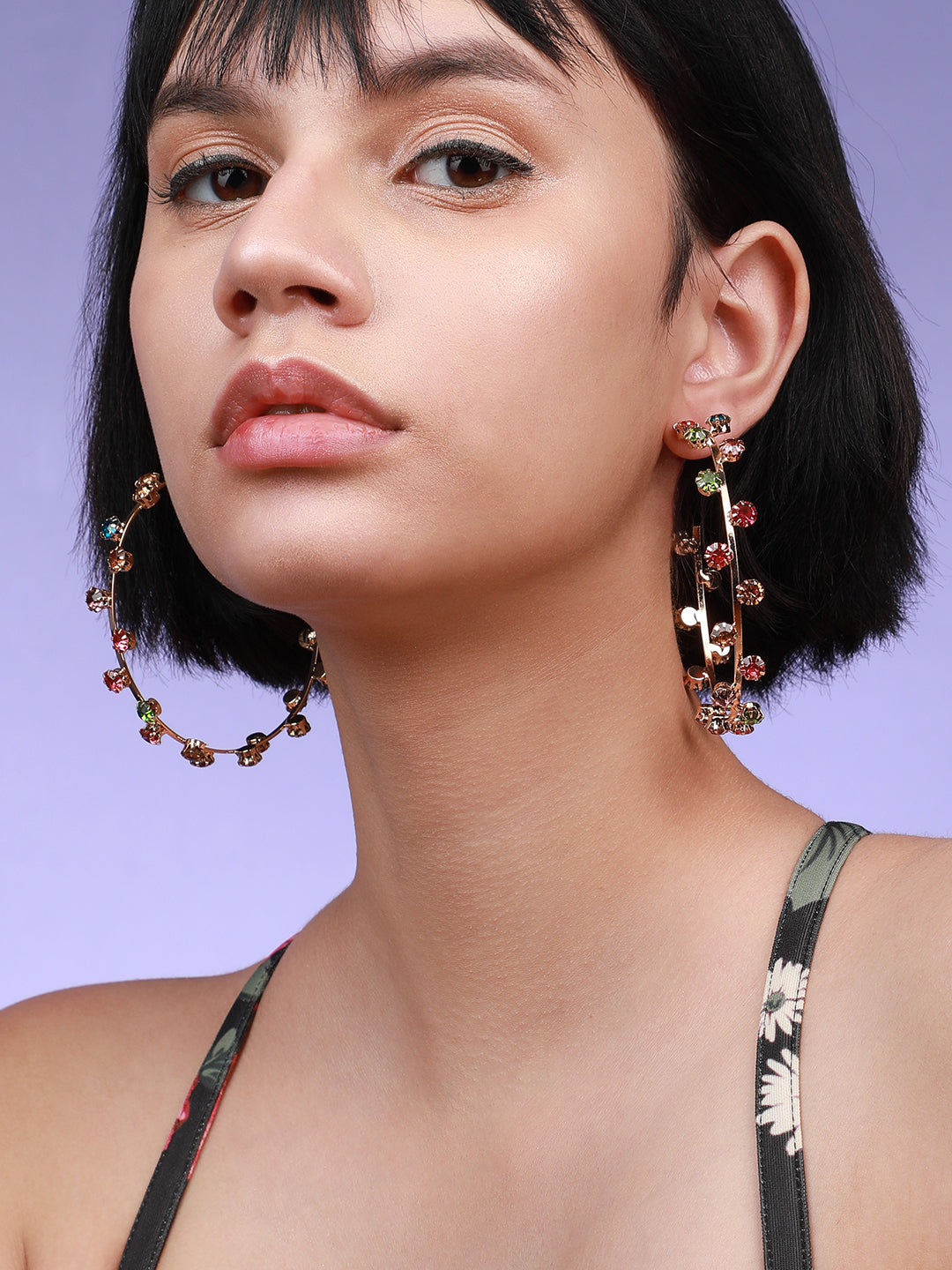 Set Of 2 Gold-Plated Circular Stone Studded Half Hoop Earrings