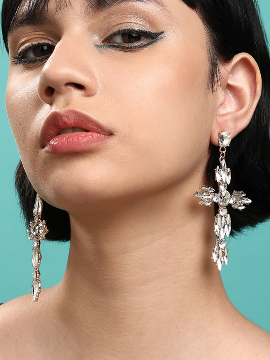 Set Of 2 Gold-Plated Contemporary Stone Studded Drop Earrings