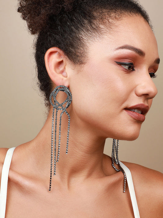 Set Of 2 Silver-Toned Contemporary Stone Studded Drop Earrings