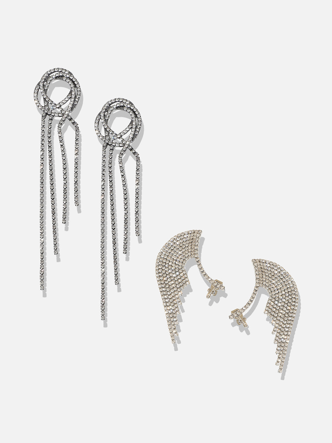 Set Of 2 Silver-Toned Contemporary Stone Studded Drop Earrings