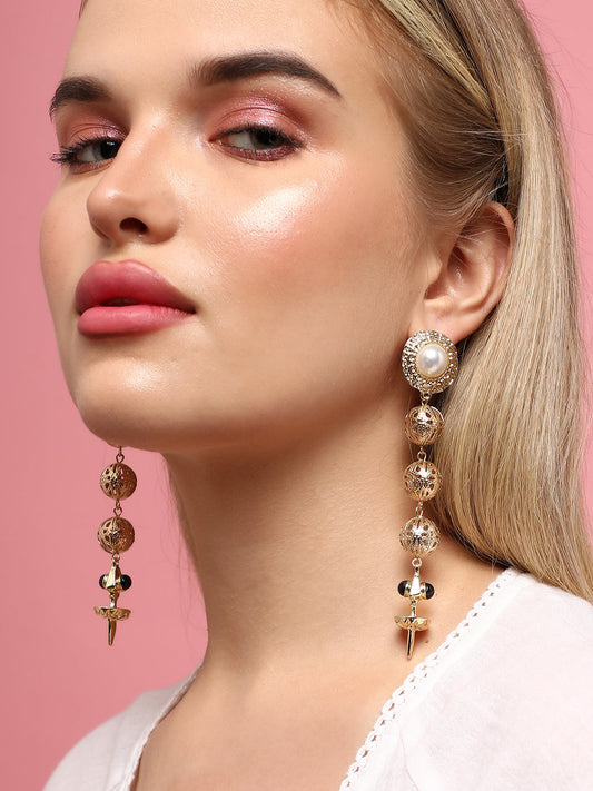 Fancy Finesse Elegant Set Of 2 Gold-Plated Contemporary Drop Earrings