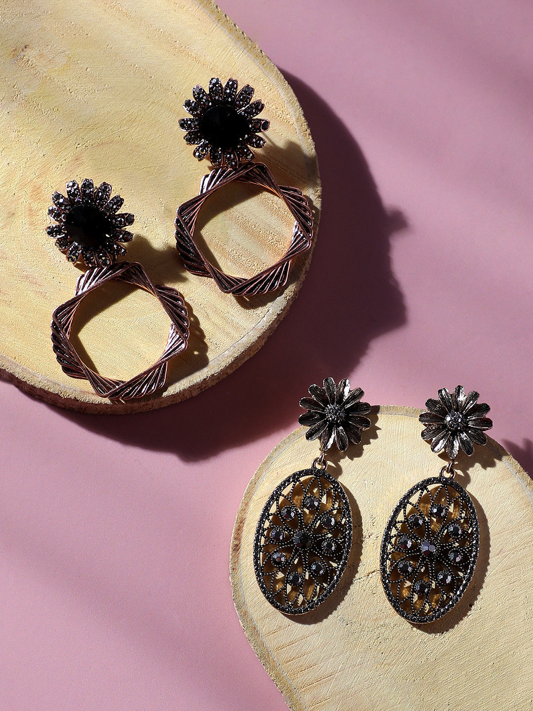 Set Of 2 Rose Gold-Plated Contemporary Drop Earrings