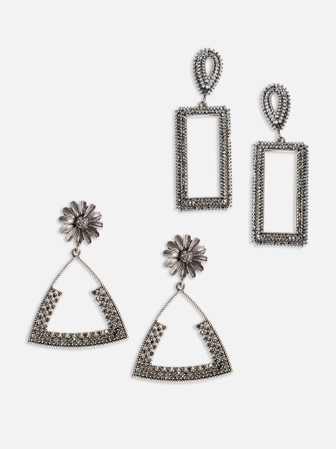 Set Of 2 Silver-Plated Contemporary Drop Earrings