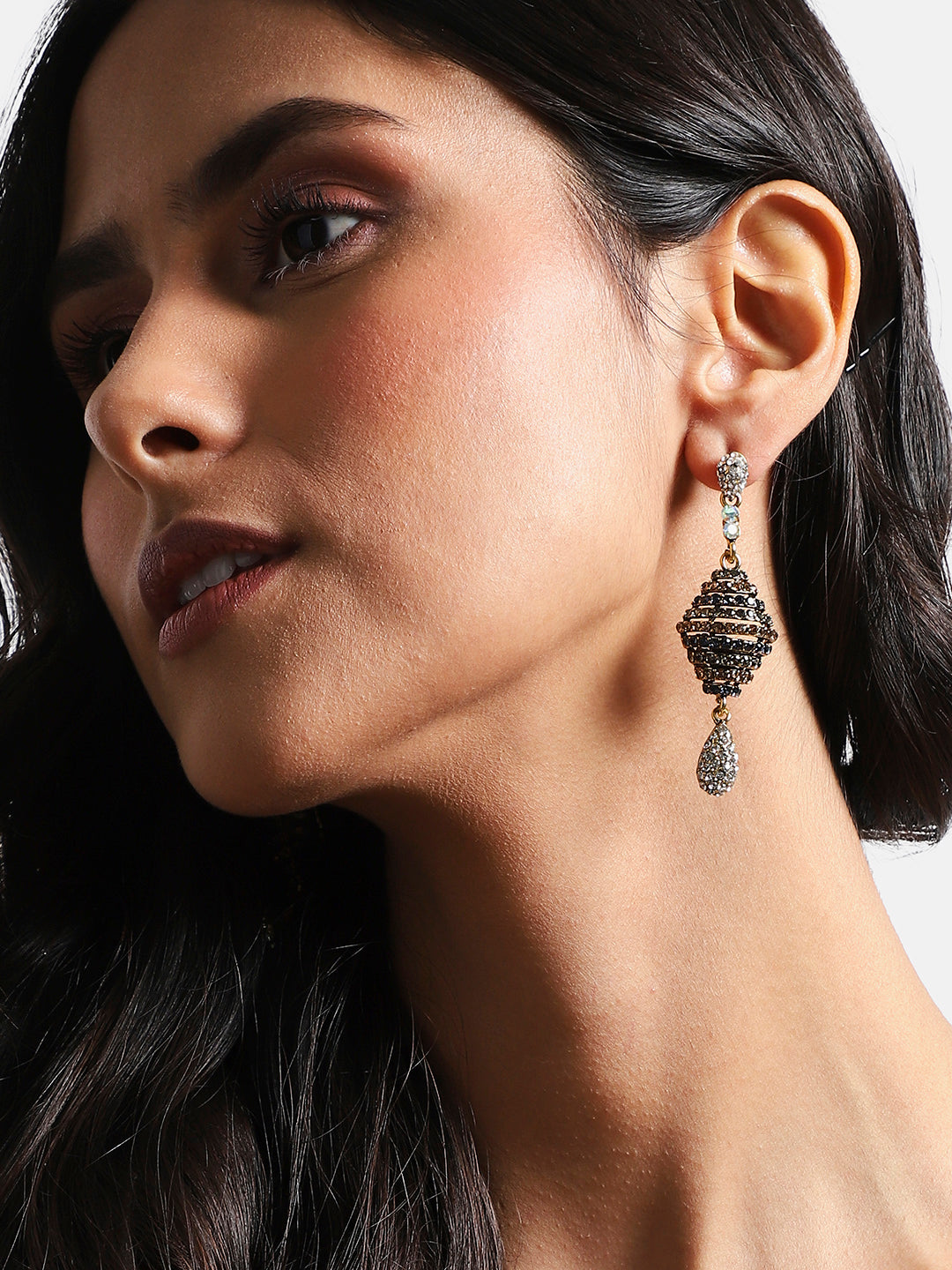 Gold Plated Stone Studded Contemporary Drop Earrings