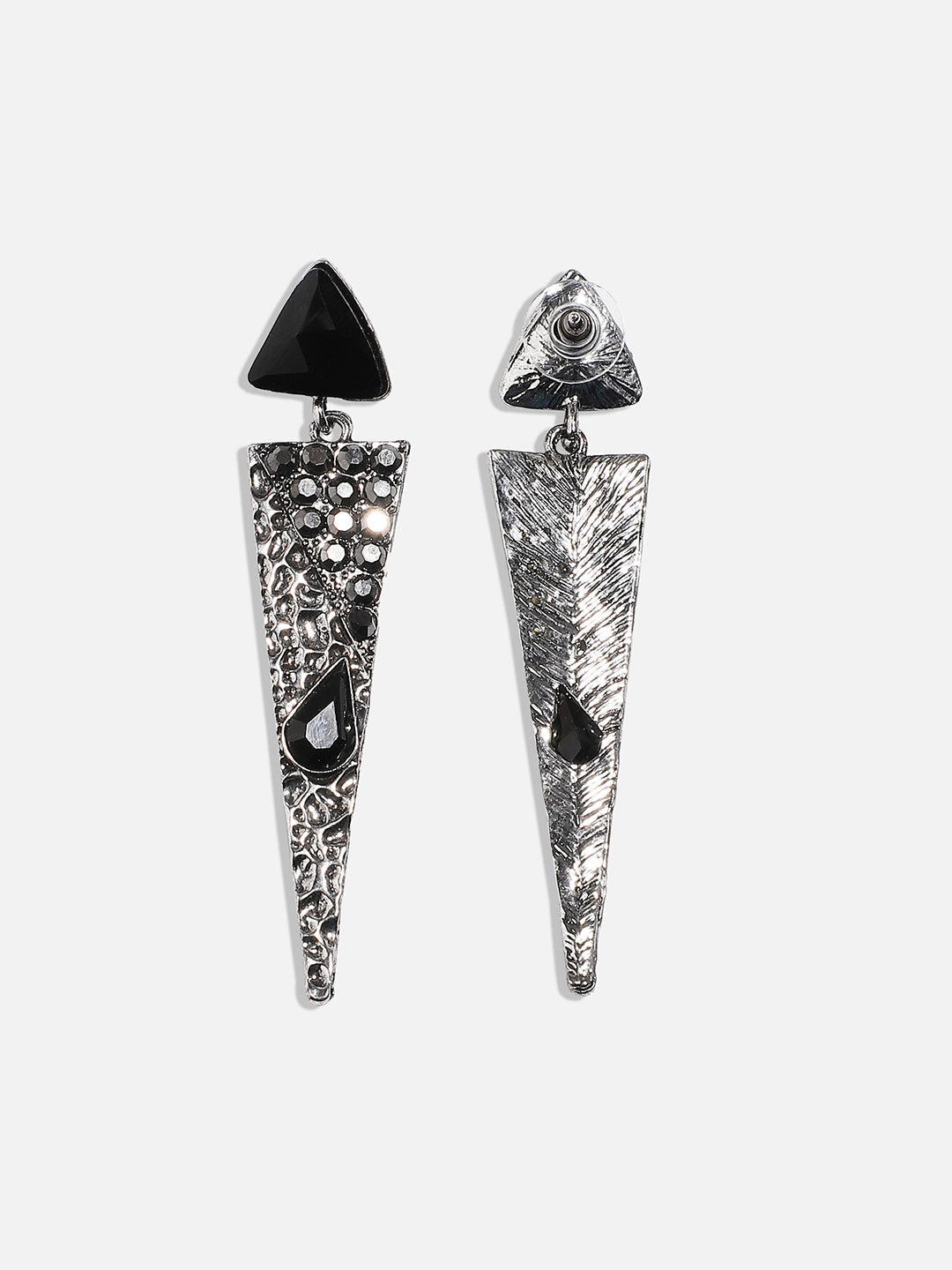 Silver Plated Oxidised Triangular Shaped Stone Studded Drop Earrings