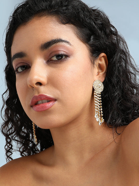 Gold-Plated Crystals-Studded Drop Earrings
